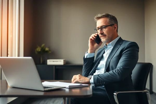 Headhunter Geschäftsführer in einem modernen Büro führt ein engagiertes Telefonat und wählt potenzielle Führungskräfte aus.