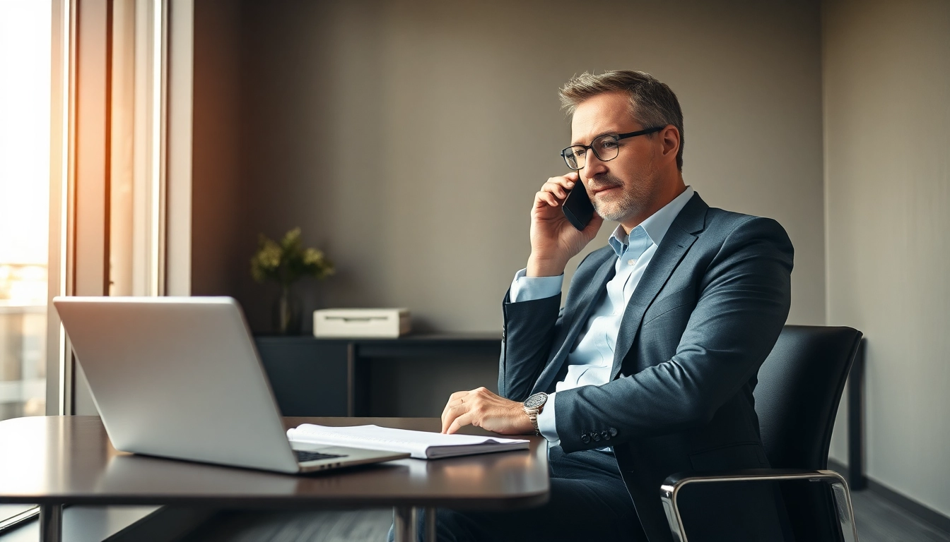 Headhunter Geschäftsführer in einem modernen Büro führt ein engagiertes Telefonat und wählt potenzielle Führungskräfte aus.