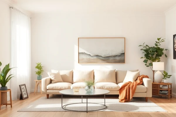 Moderne Raumgestaltung mit eleganter Lounge-Ecke und nahtloser Farbpalette