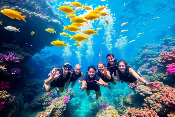 Tauchen lernen Mexiko mit einer Gruppe diverser Taucher, die eine Lektion in lebhaften Korallenriffen genießen.