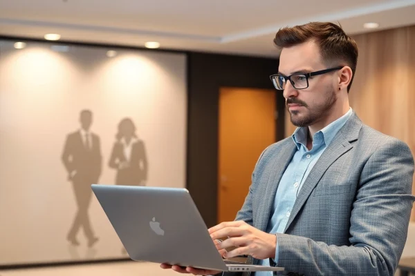 Professioneller Headhunter Karlsruhe arbeitet fokussiert an einem Laptop in einem modernen Büro.