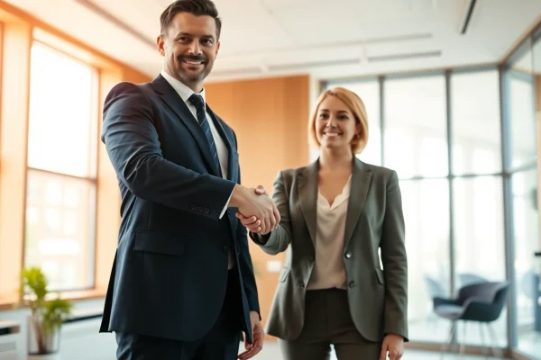 Headhunter Mannheim conducts a handshake in a bright office.