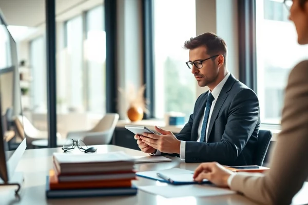 Headhunter engages with a qualified candidate in a professional office setting.