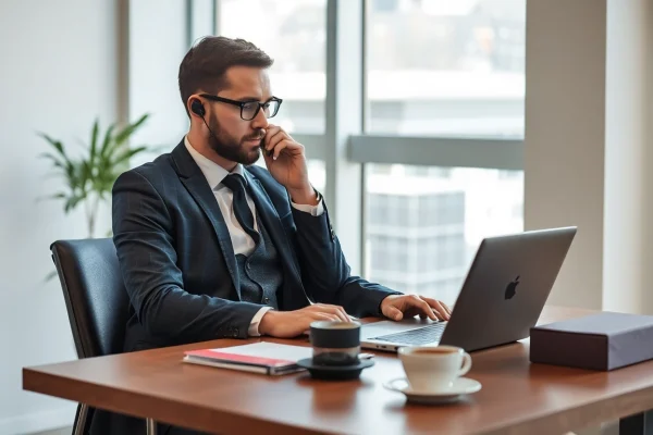 Headhunter Hagen führt ein Gespräch am Schreibtisch in einem modernen Büro.