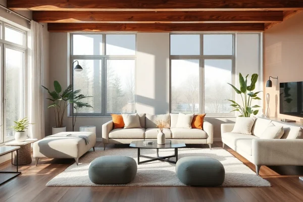 Elegantes Wohnzimmer für inspirierende Raumgestaltung mit elegantem Sofa und warmen Farben.