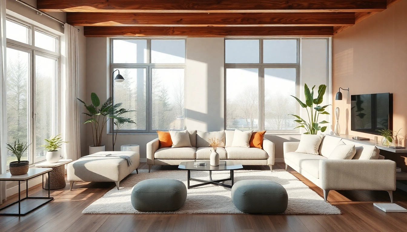 Elegantes Wohnzimmer für inspirierende Raumgestaltung mit elegantem Sofa und warmen Farben.