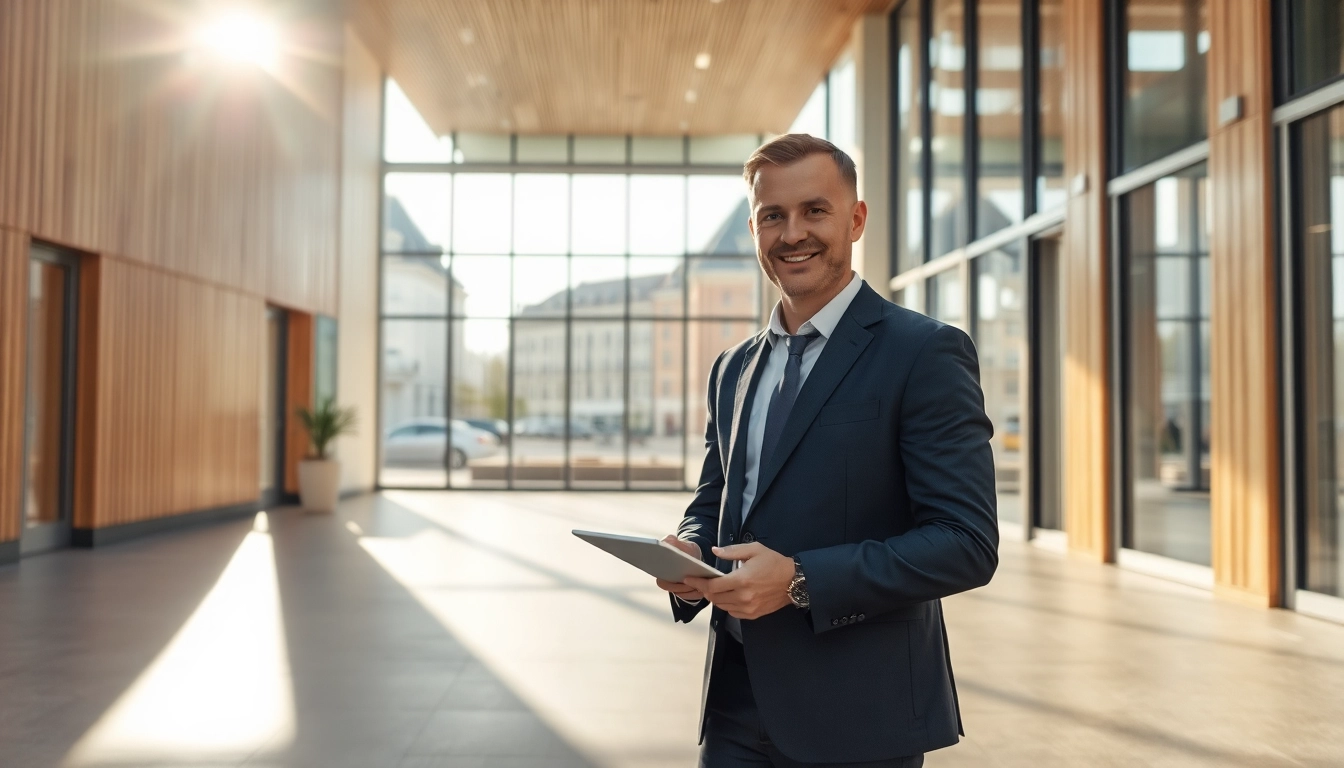 Headhunter Kiel, professioneller Headhunter im Büro mit Tablet und Kieler Hintergrund.