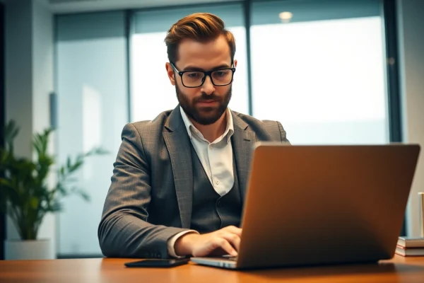 Professioneller Headhunter Monchengladbach arbeitet in stilvollem Büro am Laptop.