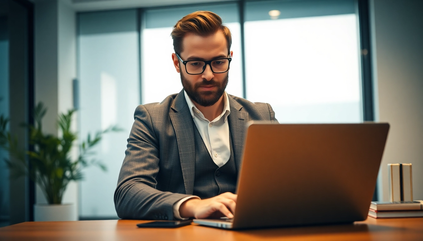 Professioneller Headhunter Monchengladbach arbeitet in stilvollem Büro am Laptop.