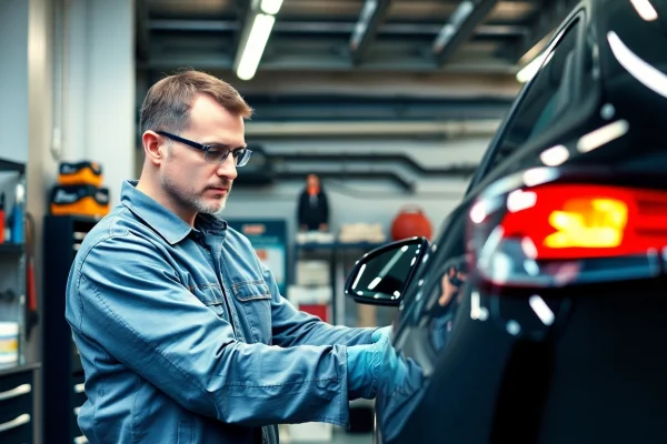 Lackschaden Reparatur München: Mechaniker arbeitet konzentriert an der Lackreparatur eines Fahrzeugs in einer professionellen Werkstatt.