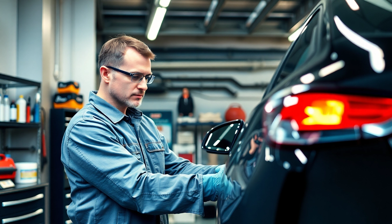 Lackschaden Reparatur München: Mechaniker arbeitet konzentriert an der Lackreparatur eines Fahrzeugs in einer professionellen Werkstatt.