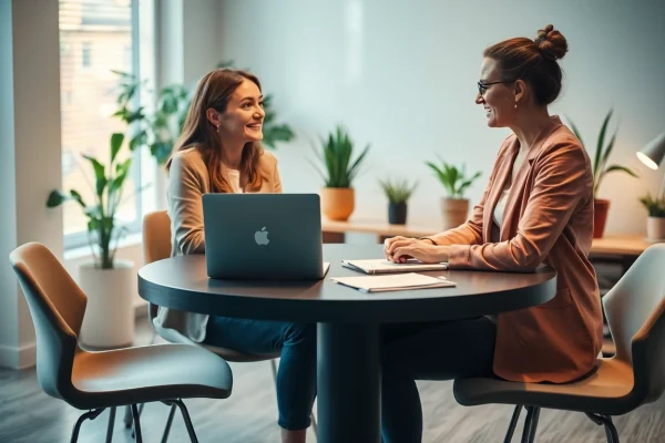 Headhunter Pflegekräfte im Gespräch mit einem Pflegepersonalmitglied am Tisch, dargestellt in einer einladenden Büroumgebung.