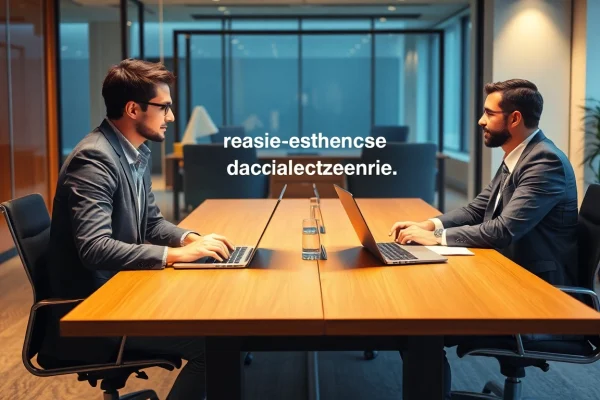 Visualisieren Sie Personalvermittlung durch einen Headhunter im Dialog mit einem Bewerber in einem modernen Büro, um den professionellen Austausch zu zeigen.