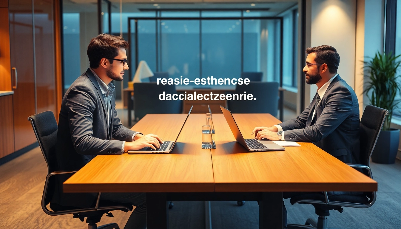 Visualisieren Sie Personalvermittlung durch einen Headhunter im Dialog mit einem Bewerber in einem modernen Büro, um den professionellen Austausch zu zeigen.