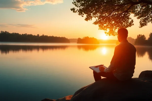 Coaching in Lebenskrisen: A person reflecting by a tranquil lake, symbolizing personal growth and transformation.