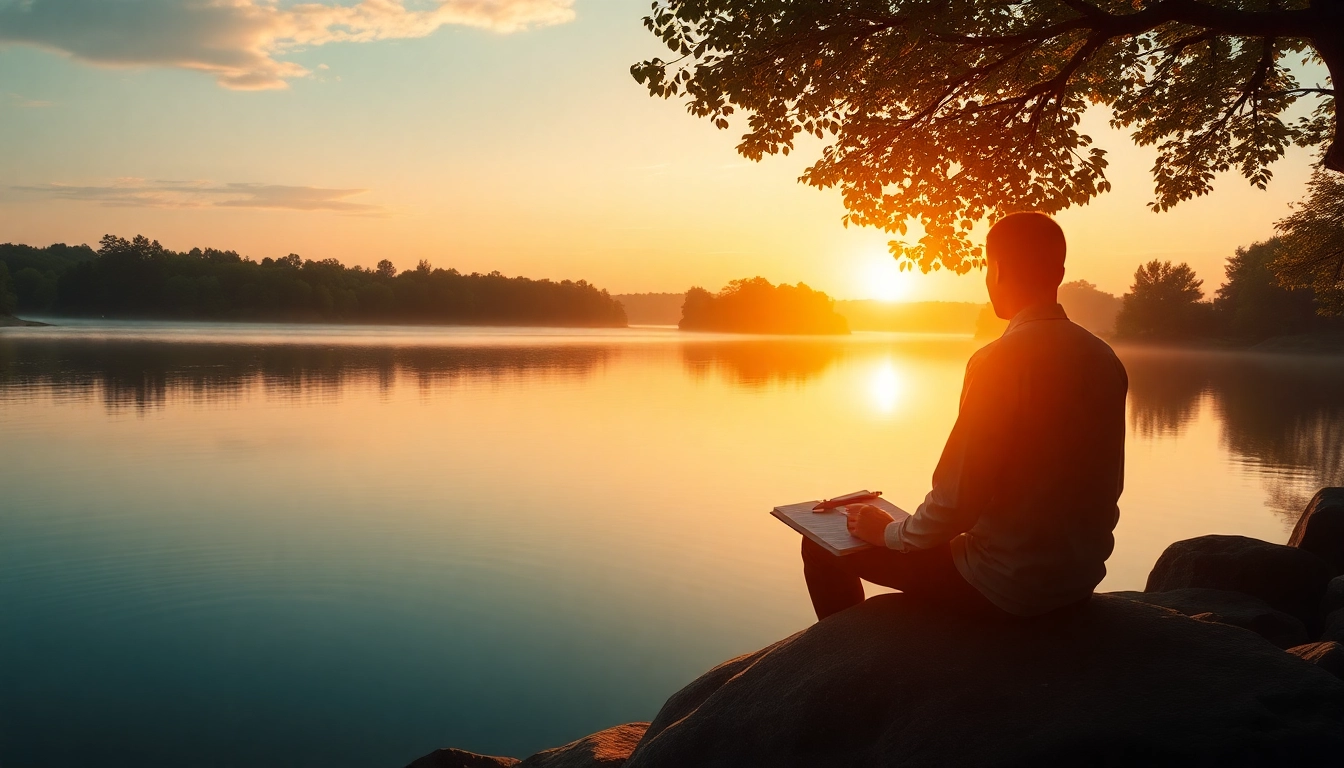 Coaching in Lebenskrisen: A person reflecting by a tranquil lake, symbolizing personal growth and transformation.