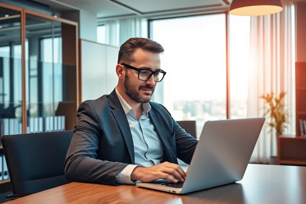 Professioneller Headhunter IT bei der Arbeit in einem modernen Büro, fokussiert und engagiert.