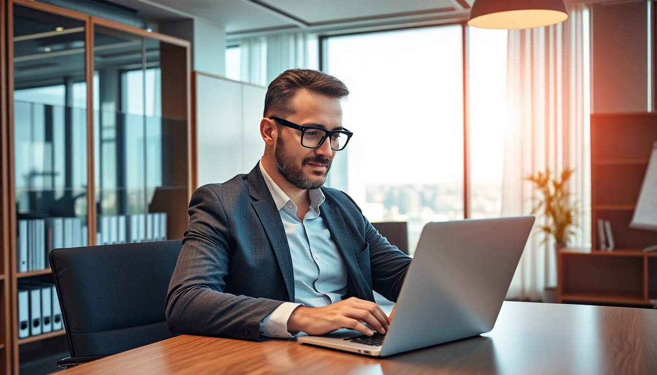 Professioneller Headhunter IT bei der Arbeit in einem modernen Büro, fokussiert und engagiert.