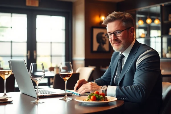 Headhunter Gastronomie in einem stilvollen Restaurant, umgeben von Essenskompositionen, während er Kandidaten evaluiert.