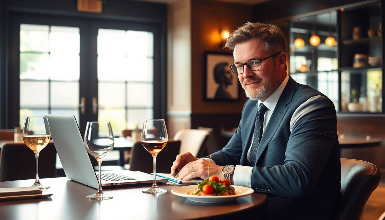 Headhunter Gastronomie in einem stilvollen Restaurant, umgeben von Essenskompositionen, während er Kandidaten evaluiert.