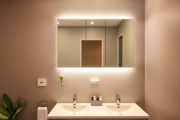 Modernes Bad mit spiegelschrank mit led Beleuchtung über einem Waschbecken, strahlt Eleganz aus.