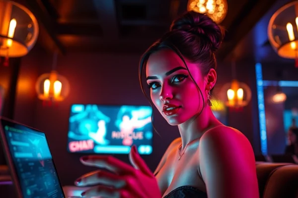 Engaging porn ai chat with a digital femme fatale in a virtual lounge.