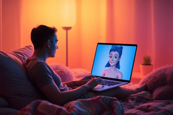 Engage in free sex ai conversations with an inviting virtual AI character in a cozy digital setting.