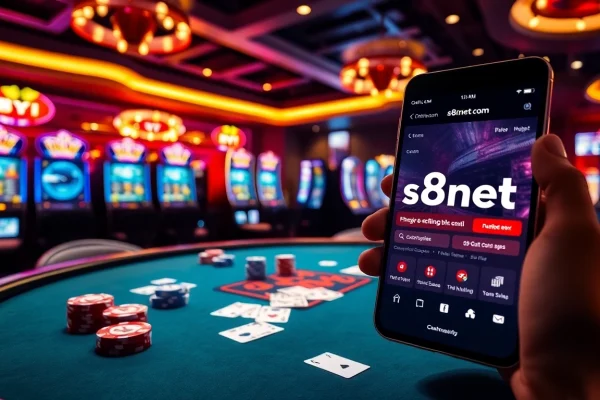 A high-stakes poker scene with cards, chips, and a glimpse of https://s8net.com/ enhancing the casino ambiance.