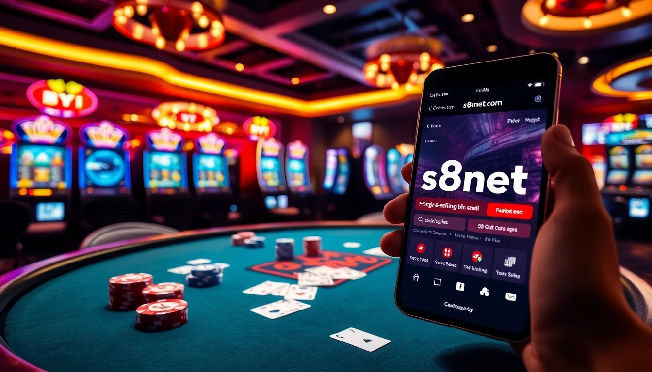 A high-stakes poker scene with cards, chips, and a glimpse of https://s8net.com/ enhancing the casino ambiance.