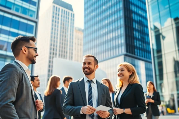 Headhunter Schweiz im Gespräch mit Fachkräften in einem Stadtbüro, vermittelt Professionalität und Vernetzung.