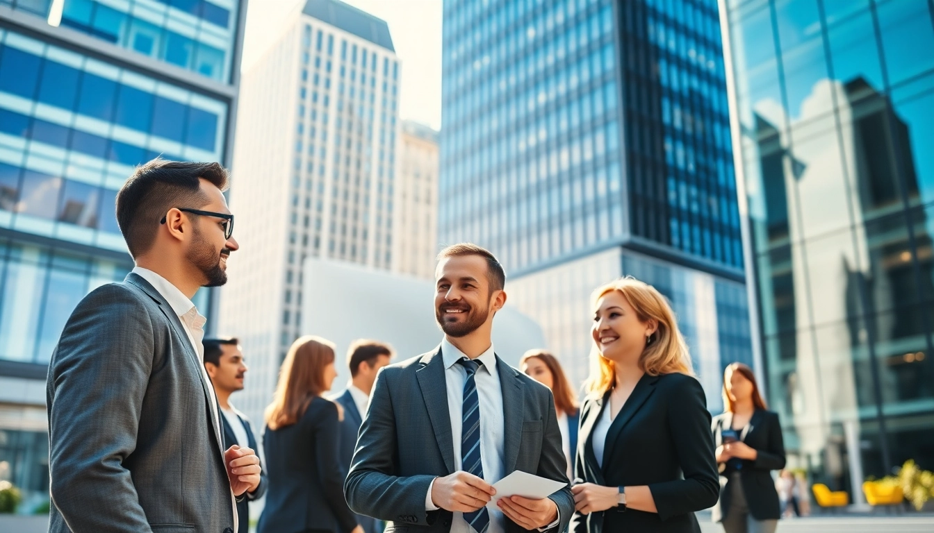 Headhunter Schweiz im Gespräch mit Fachkräften in einem Stadtbüro, vermittelt Professionalität und Vernetzung.