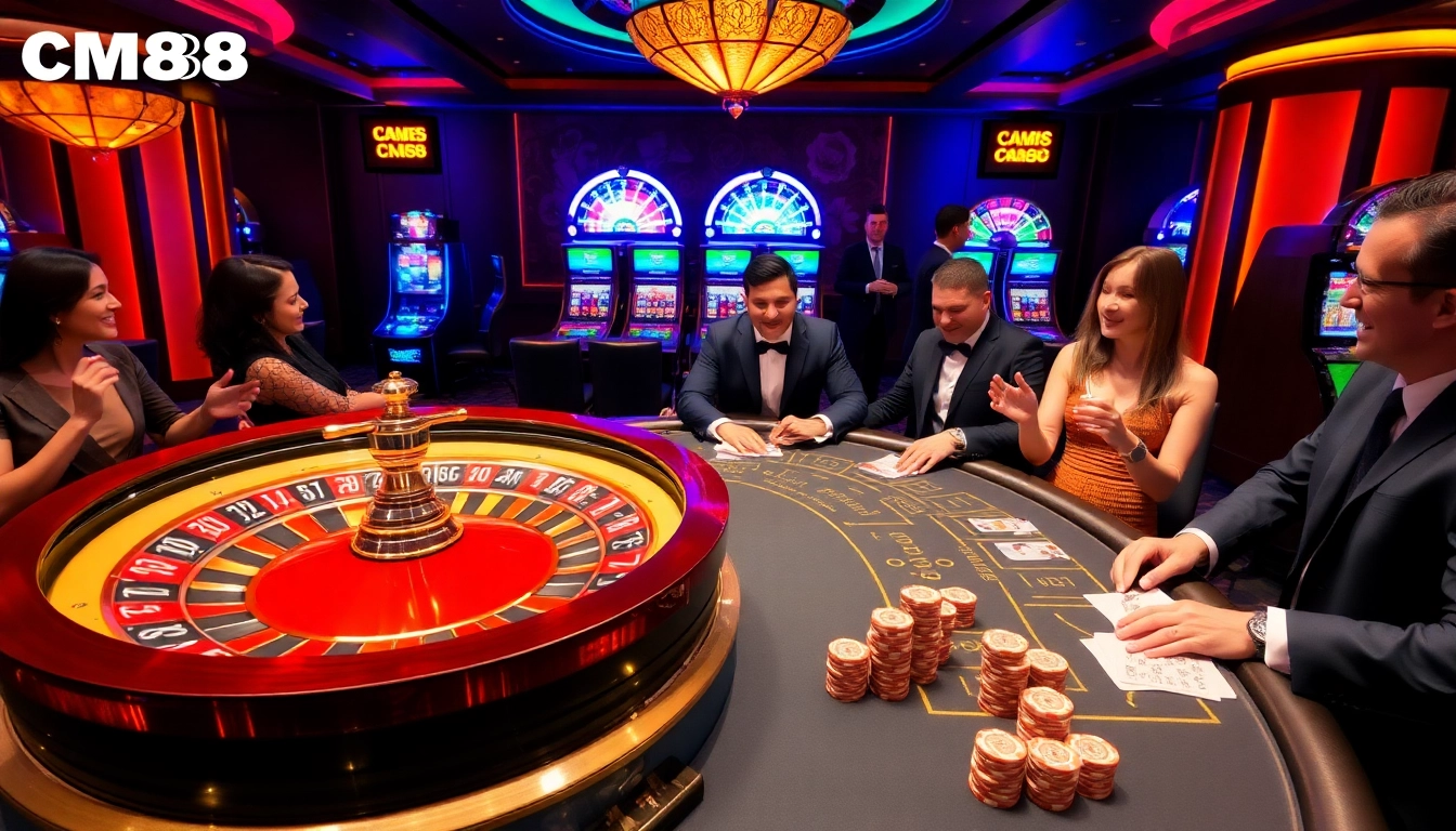 Experience the thrill of casino gaming at CM88 with roulette wheels and poker tables in action.