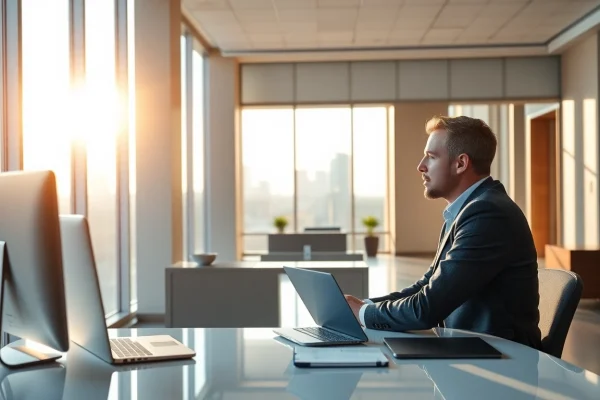Headhunter Schweiz berät einen Klienten in einem modernen Büro mit Stadtansicht.