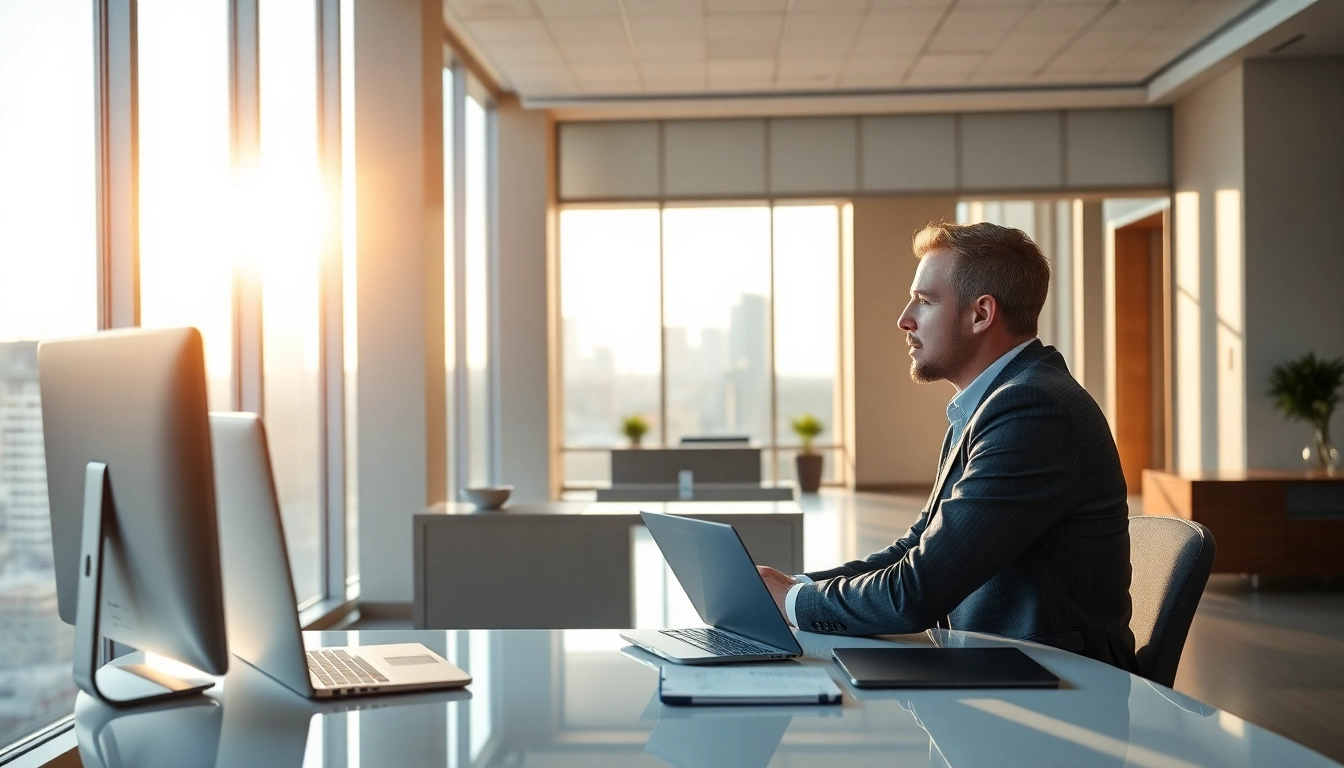Headhunter Schweiz berät einen Klienten in einem modernen Büro mit Stadtansicht.