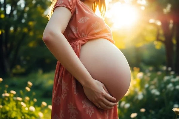 Festive Schwangerschaftsfotografie mit einer schwangeren Frau in der Natur.