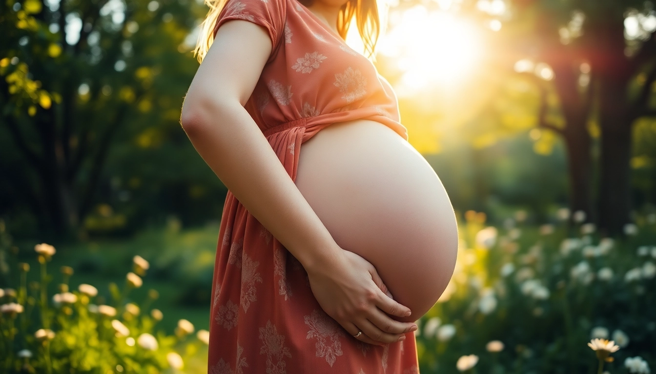 Festive Schwangerschaftsfotografie mit einer schwangeren Frau in der Natur.