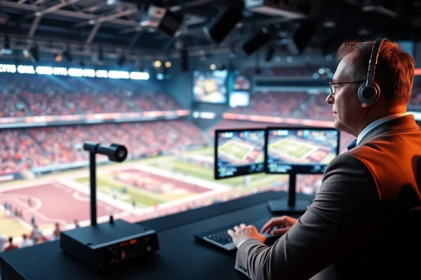 Engaging scene of sports broadcasting, featuring a professional announcer in a modern studio.