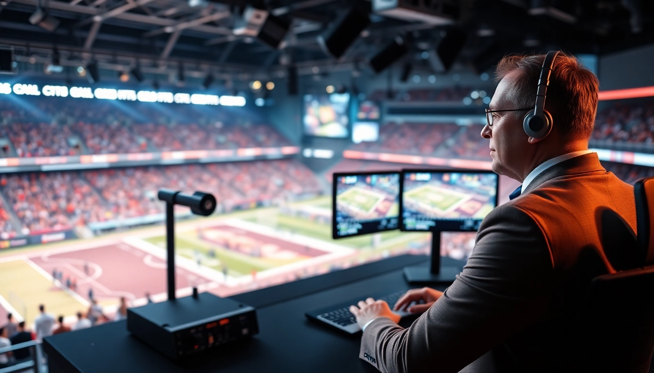 Engaging scene of sports broadcasting, featuring a professional announcer in a modern studio.