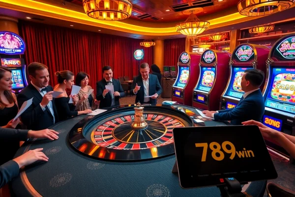 Players enjoying thrilling bets at the 789win club, emphasizing excitement in a luxury casino environment.