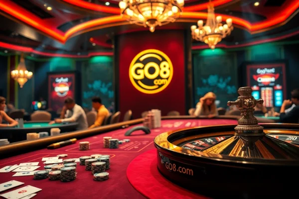 Exciting casino gameplay at GO8 com, showcasing a luxurious roulette table with engaged players.