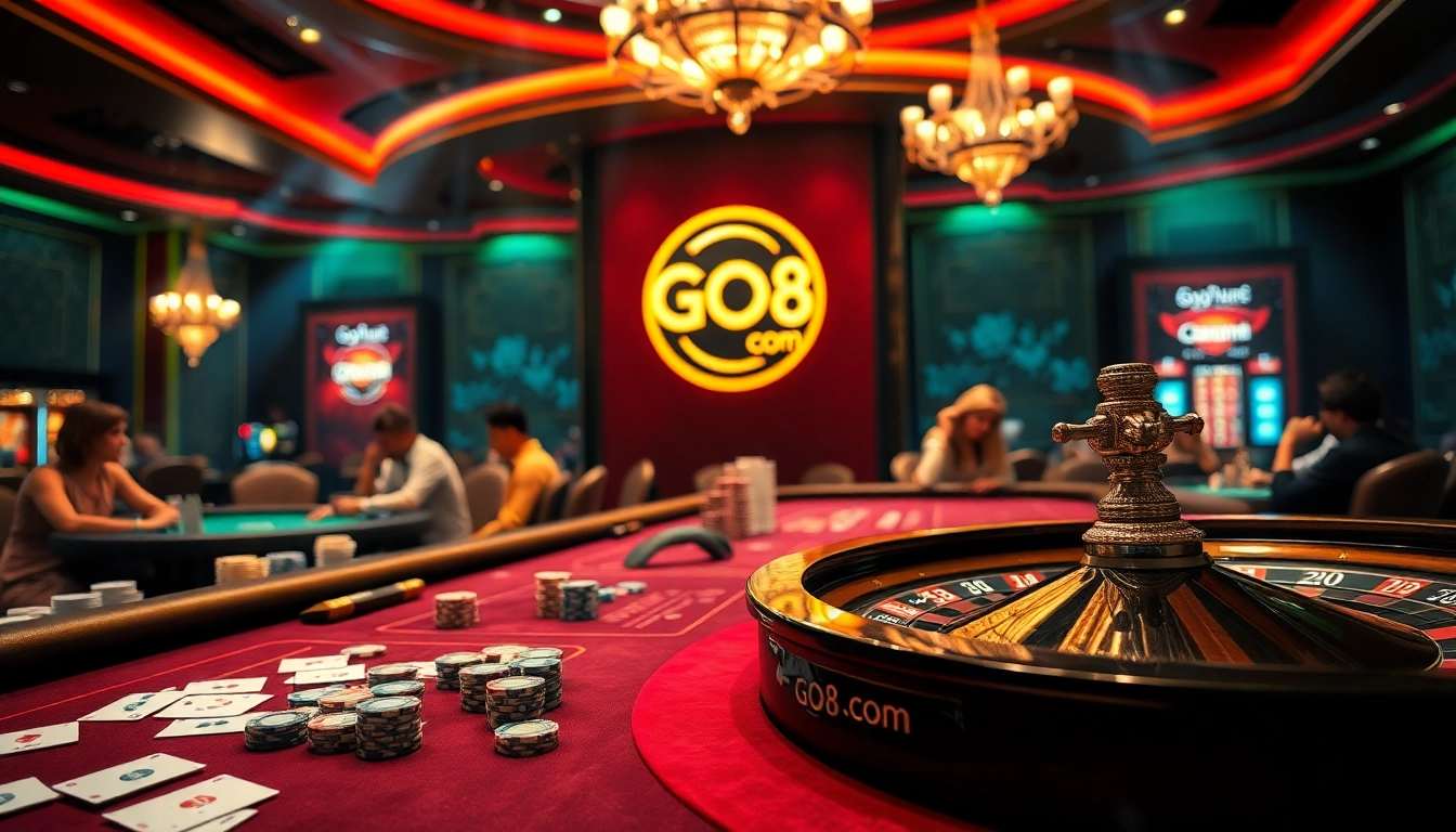 Exciting casino gameplay at GO8 com, showcasing a luxurious roulette table with engaged players.