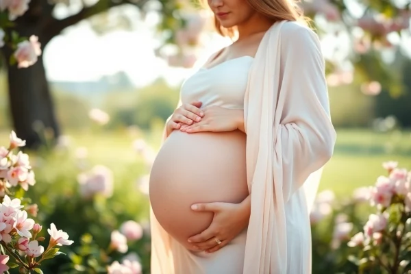 Schwangerschaftsfotografie zeigt eine schwangere Frau in einer sanften und blühenden Umgebung.