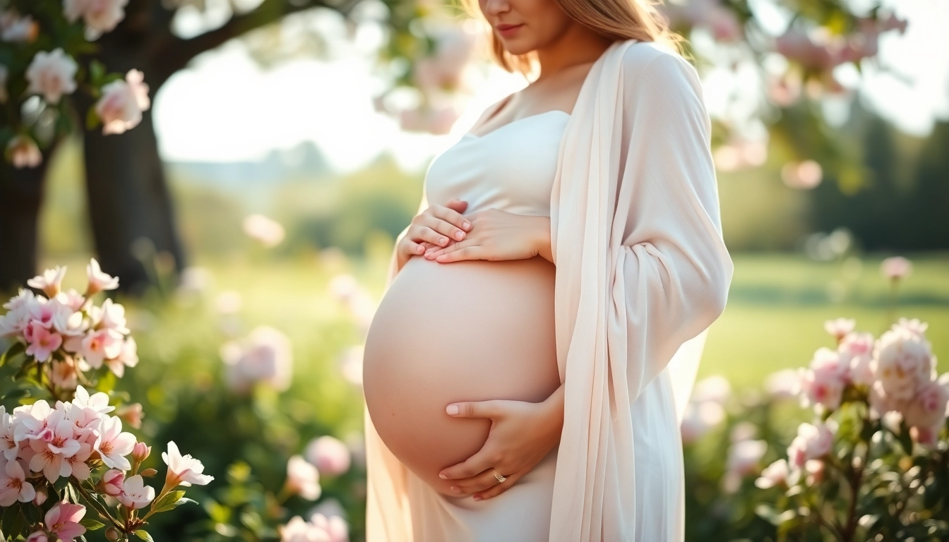 Schwangerschaftsfotografie zeigt eine schwangere Frau in einer sanften und blühenden Umgebung.