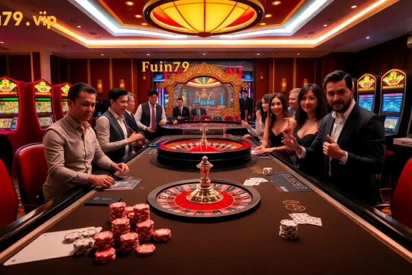 Engage in thrilling gameplay at fun79.vip with dynamic casino visuals featuring poker chips, cards, and slot machines.