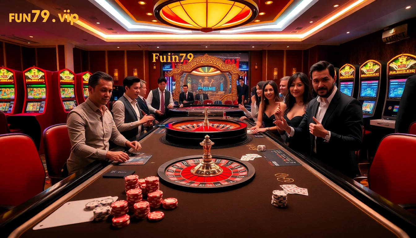 Engage in thrilling gameplay at fun79.vip with dynamic casino visuals featuring poker chips, cards, and slot machines.