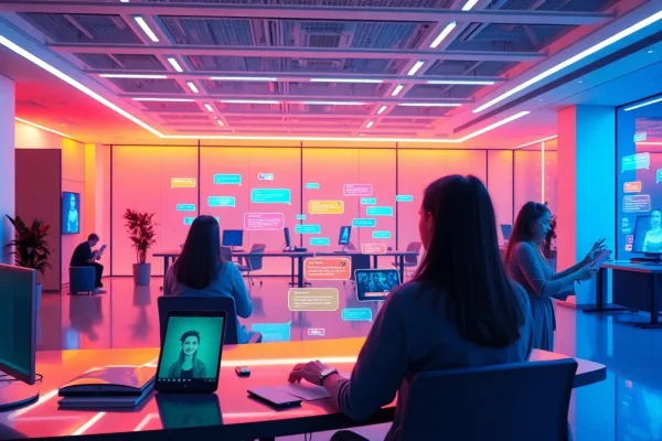 Engaging interaction with a juicy ai chatbot in a modern workspace setting.