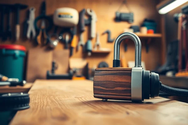 Freelock Sicherheitsverschluss auf einem Tisch in einer Werkstatt präsentiert.