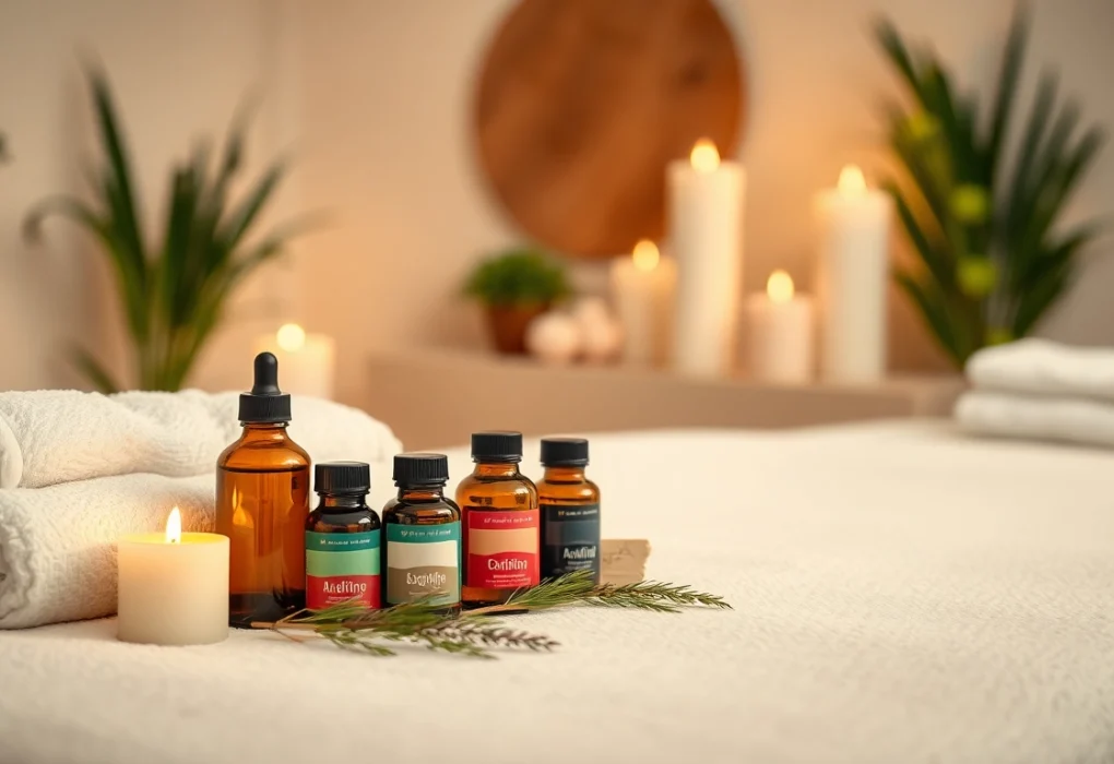 Aromatherapie massage in berlin mit duftenden ätherischen Ölen auf einem Massagetisch.