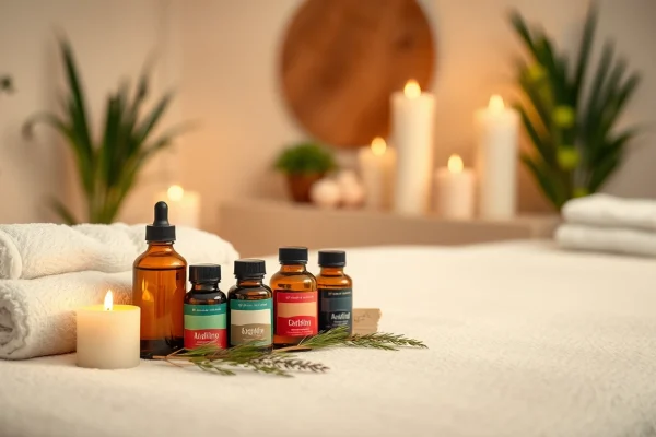 Aromatherapie massage in berlin mit duftenden ätherischen Ölen auf einem Massagetisch.