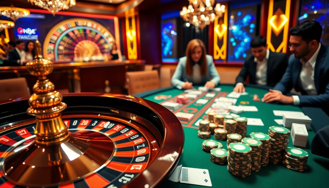 Experience online gambling excitement with https://nk88z.com/, showcasing a luxurious casino scene featuring roulette and poker elements.